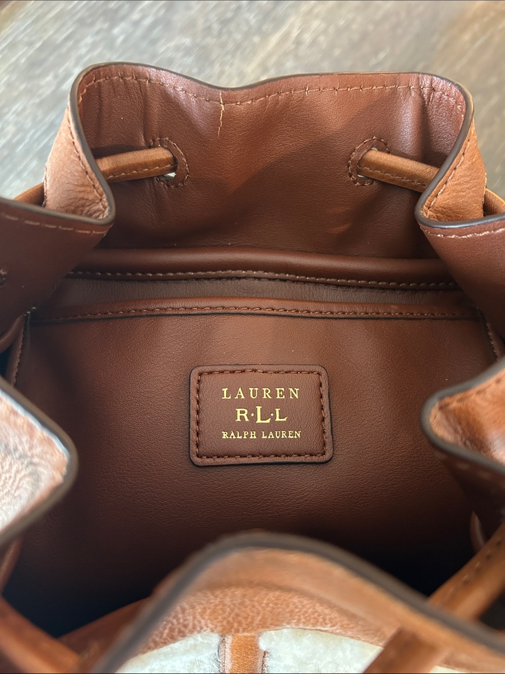 Vintage Lauren Ralph Lauren Cream Sherpa & Brown Leather Drawstring Bucket Bag - Picture 3 of 14